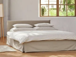 Grüne Erde Bett Jukai Pur, mit Betthaupt und Betthaupthousse, inkl. integriertem Lattenrost, 160 x 200 cm, Baumwollstoff Ondula Greige (139),