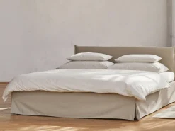 Grüne Erde Bett Jukai Pur, ohne Betthaupt mit Bettrahmenhousse, inkl. integriertem Lattenrost, 160 x 200 cm, Baumwollstoff Ondula Greige (139),