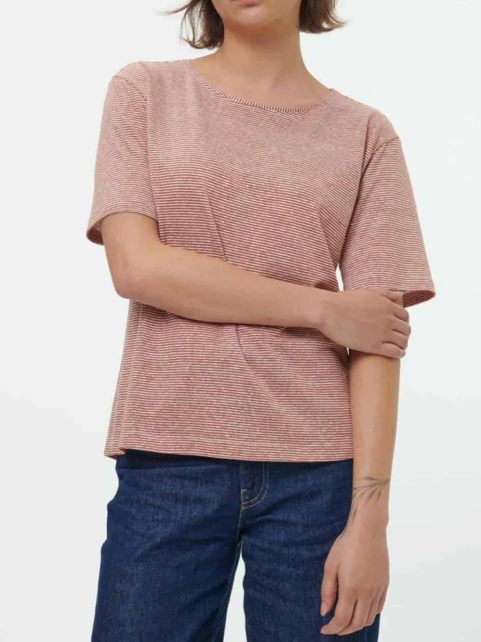 Grüne Erde Kurzarmshirt aus Bio Leinen/Baumwolle, 76 weiss/kastanie ringel, 36, GOTS