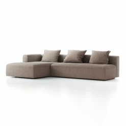 Grüne Erde Lounge-Sofa Sereno mit Schlaffunktion inkl. 3 Kissen (70x55 cm), B 320,5 x T 180 cm, Bodennah, Liegeteil links, mit Bezug Wollstoff Tano Natur (79), Buche