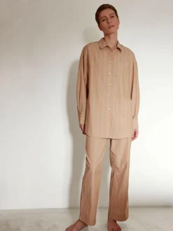 Grüne Erde Pyjamahemd, 100 % Bio Baumwolle, 89 camel/blau gestreift, M, GOTS