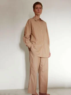 Grüne Erde Pyjamahemd, 100 % Bio Baumwolle, 89 camel/blau gestreift, M, GOTS