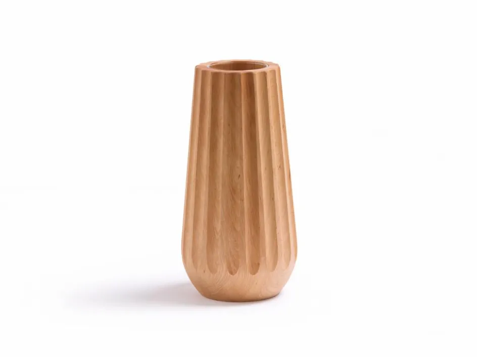 Grüne Erde Vase aus Erlenholz, Kannelur, H 26,5 cm, geölt, inkl. Glaseinsatz